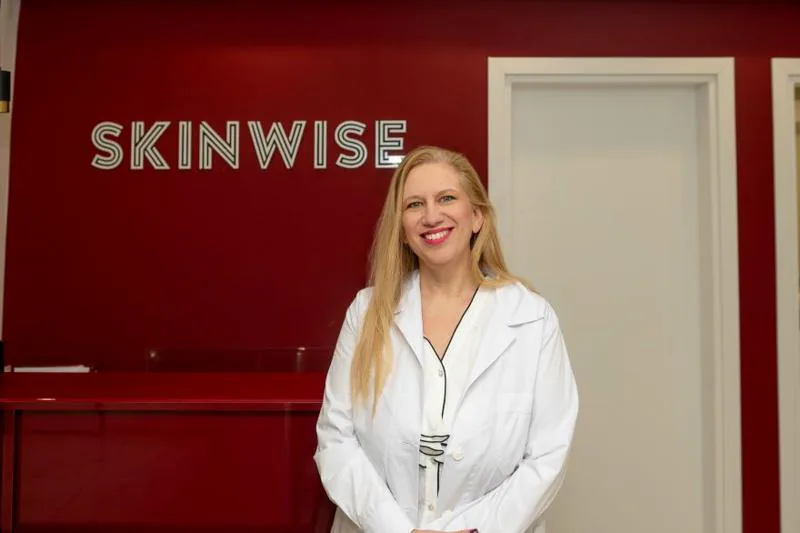 Dermatologist Sofia Papathoma at the reception of the Skinwise practice